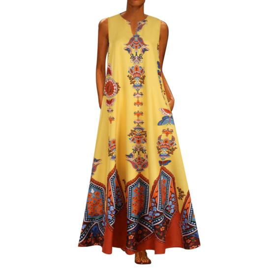 Plus Size?Bohemian Summer Beach Women Sleeveless V Neck Loose Kaftan Maxi Dress