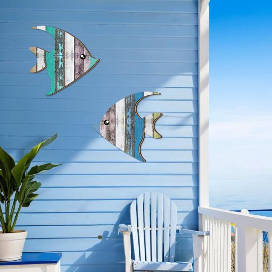 2Pcs/Set Wooden Fish Wall Decor Coastal Fish Wall Art Decorations Rustic Seaside Fish Wood Artistic Panel for Home Bathroom Beach House