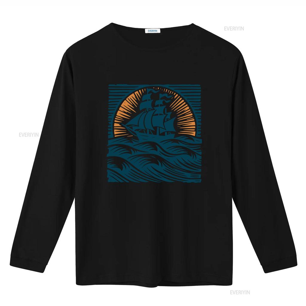 Vintage Nautical Sailing Ship Sunset Ocean Wave Print Casual T Shirt Vintage Washed Designer Clothes Stretched Unisex