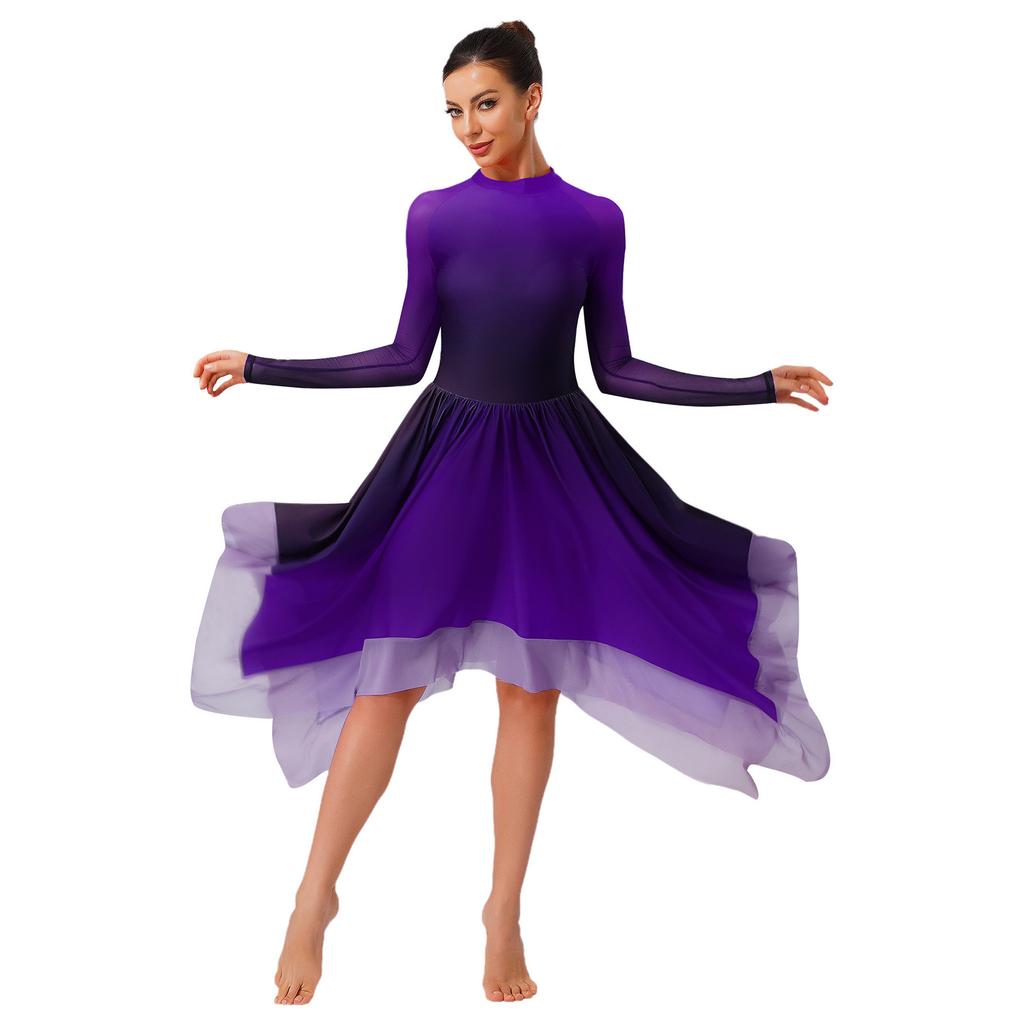 Collant de Dança Lírica com Decote Gota nas Costas e Mangas Compridas de Malha Feminino Vestido Degradê Bainha Irregular para Apresentação