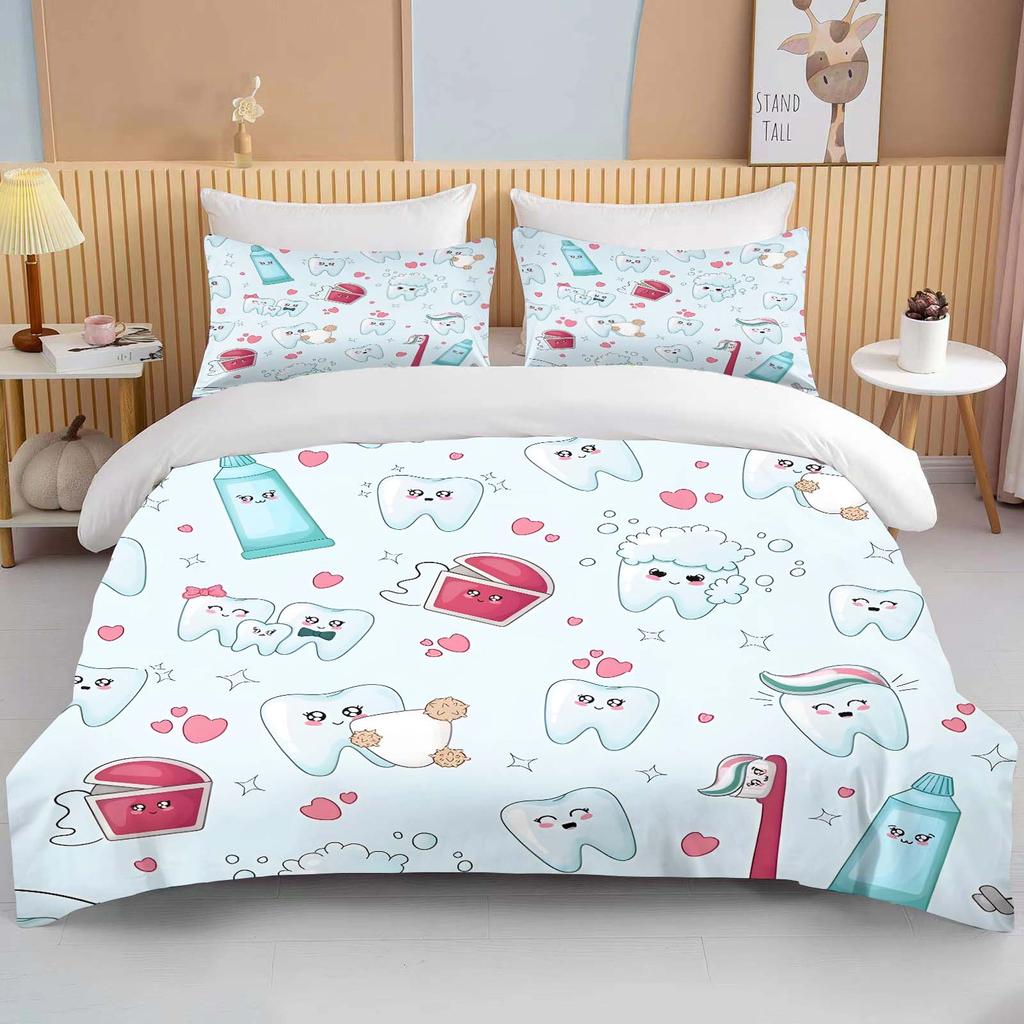 Niedliches Cartoon-Zähne-Druck Bettwäscheset Bettbezug 1 Bettbezug 2 Kissenbezüge Bettwäscheset für Erwachsene und Kinder Luxus-Bettüberwurf-Set