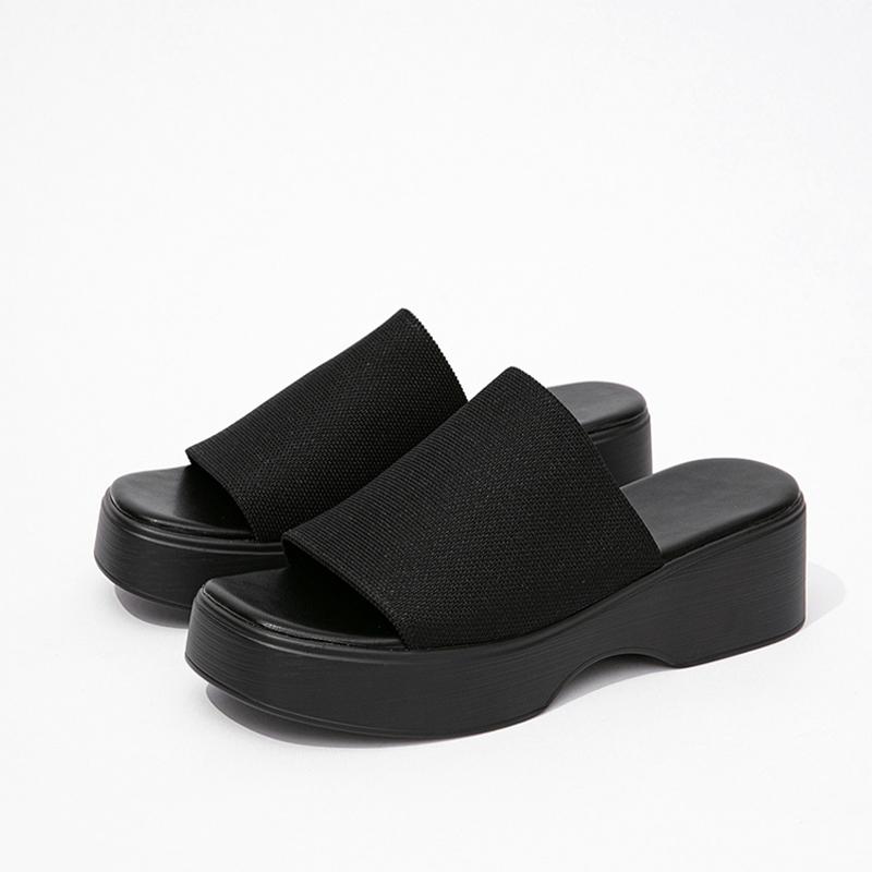

Летние сабо на танкетке с открытым носком для женщин, черные из эластичной ткани, повседневные сандалии на платформе, обувь на низком каблуке, мюли, шлепанцы 35 чёрный
