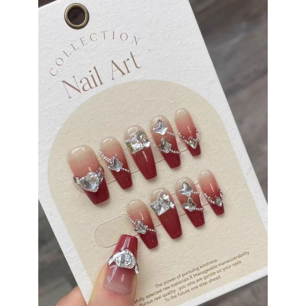 100 % HANDGEMACHTES Set mit künstlichen Nägeln, mit Kleber, französische Farbverlaufskette, gebrochener Diamant, einfache Nägel, wiederverwendbare und abnehmbare Nägel