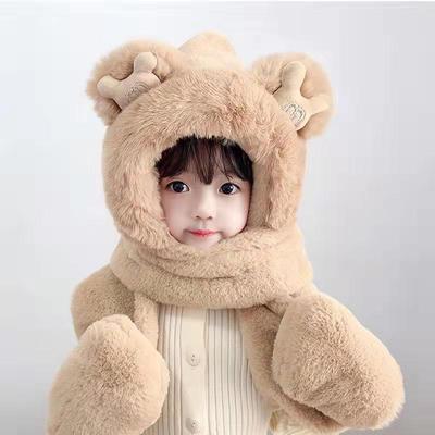 Children's Antlers Plush Hat Scarf Gloves Integrated Winter Boys and Girls Thickened Thermal Ear Protectors Pullover Cap