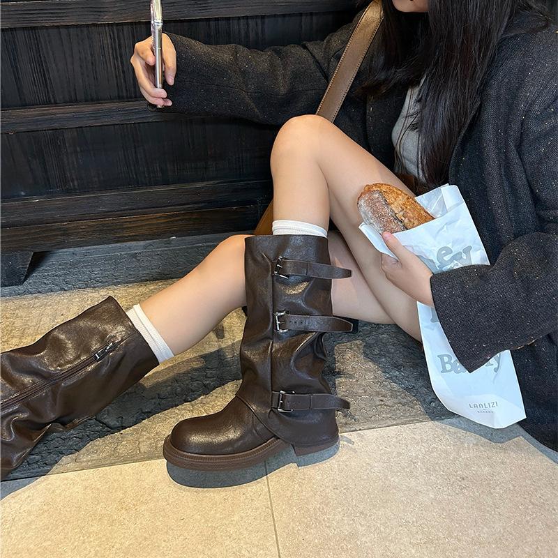 Pleated mid-top knight boots women's 2025 new belt buckle vintage western cowboy boots stacked boots