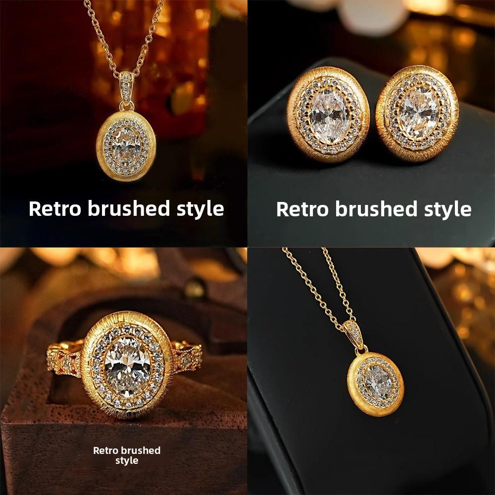 Vintage Royal Style Women Jewelry Set Italian Handmade Brushed Pigeon Egg Pendant Earrings Diamond Ring