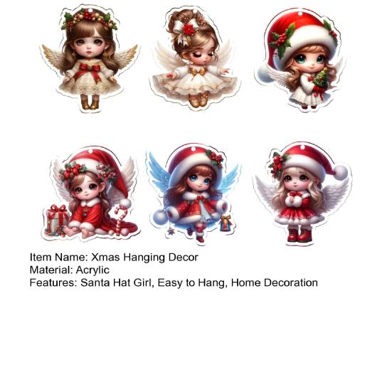 1/6Pcs Christmas Santa Hat Girl Hanging Decoration Holiday Party Winter Xmas Tree 2D Flat Acrylic Cartoon Angel Fairy Hanging Ornament
