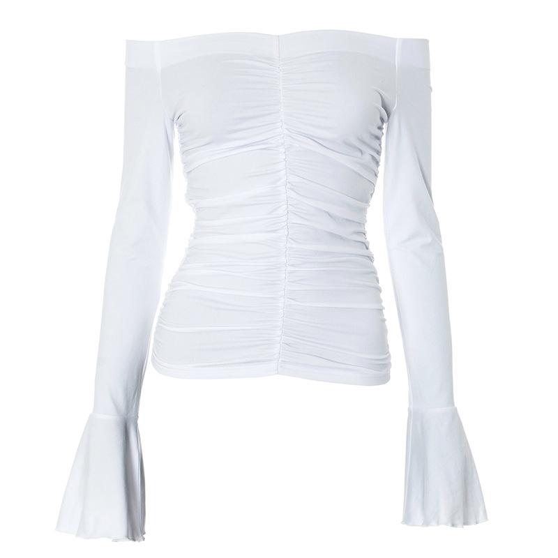 

Женская сексуальная футболка с открытыми плечами и оборками, повседневный укороченный пуловер в стиле пэчворк, однотонные топы с расклешенными рукавами S белый