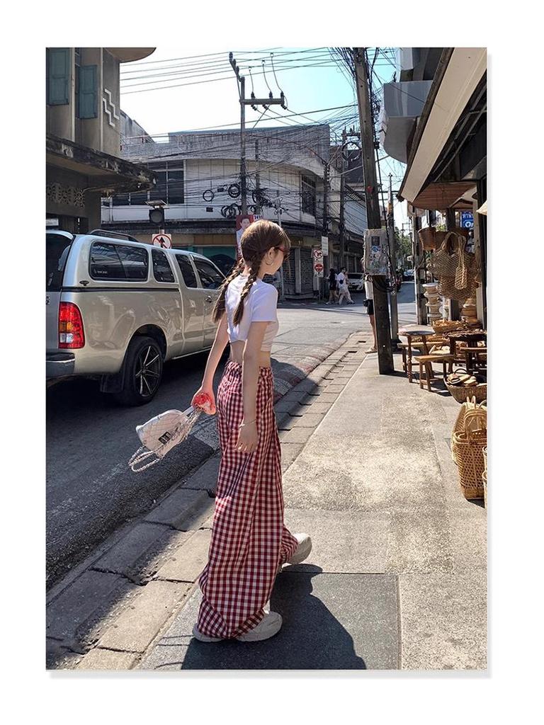 Women's Retro Red Plaid High-Waisted Wide-Leg Pants - 2025 Spring Collection