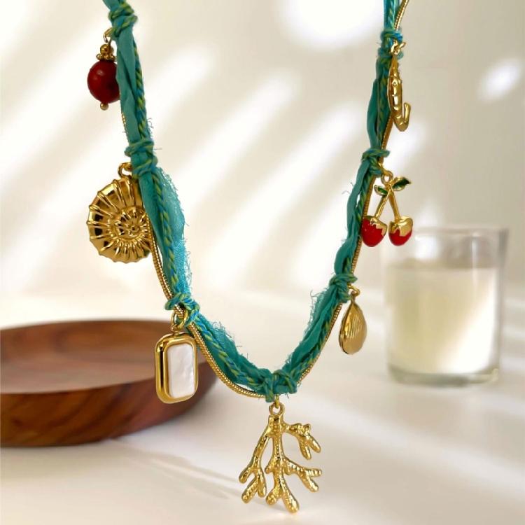Adjustable Summer Beach Necklace Multilayer Fabric Design Shell Conch Fruit Pendant Neckchain For Casual Styling