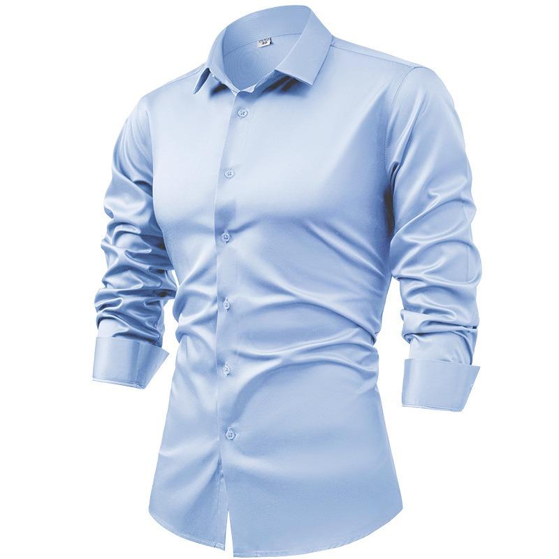 Men's Silk Satin Long Sleeve Button-Up Dress Shirt, Non-Iron Wrinkle-Resistant Business Casual Formal Top
