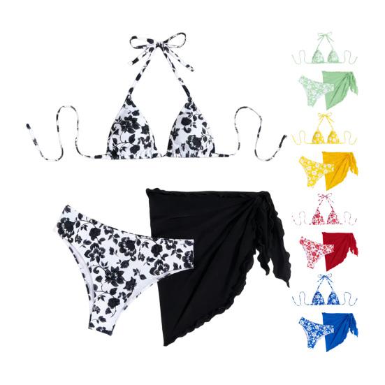 3Pcs/Set Swimsuit Set Halter Chest Pads No Underwire Bra Swimming Briefs Sheer Trim Cover Up Skirt Set Floral Print Split Swimsuit