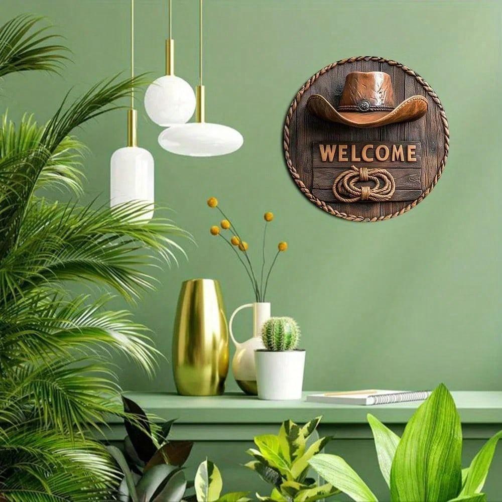 Rustic Welcome Sign Cowboy Hat Rope Western Wall Art Decor 8x8 Inch Western Theme Gift for Home Bar Office