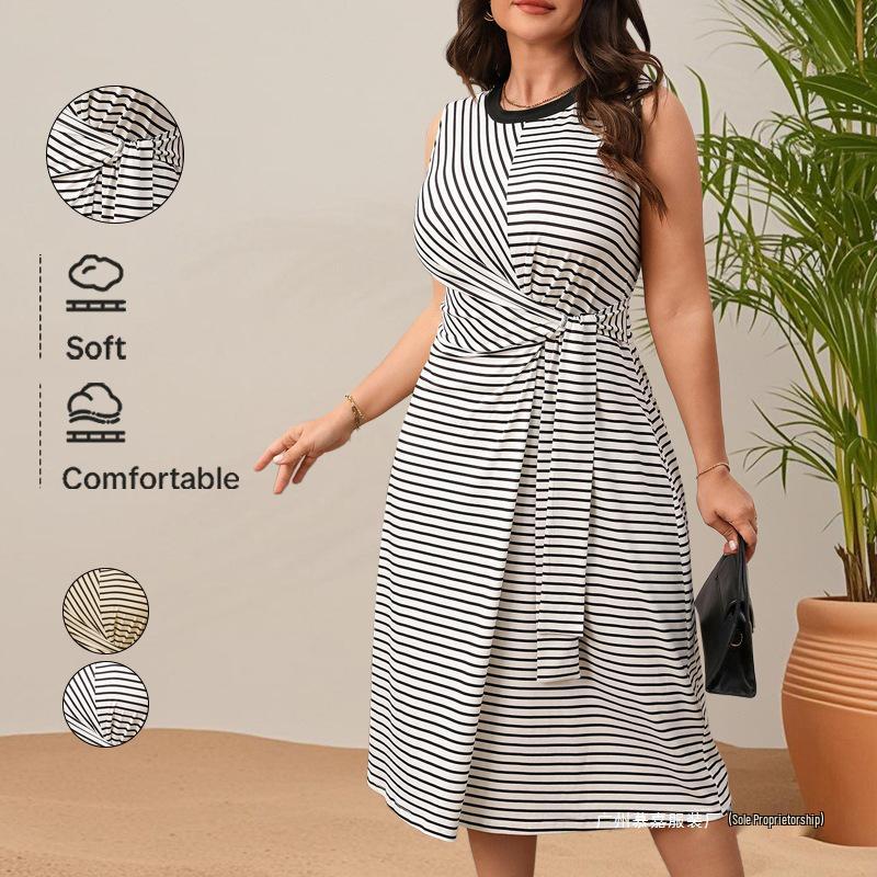 European & American Women's High-Waisted Striped Dress - Elegant Spring/Summer 2025 Collection