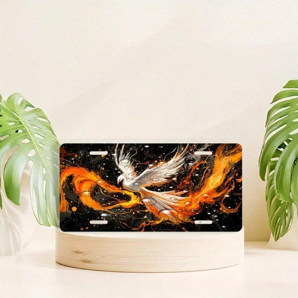 2D Flat Flame Phoenix License Plate Frame, Waterproof Aluminum Front Car Tag Cover, 5.9x11.8in Mythical Decorative E