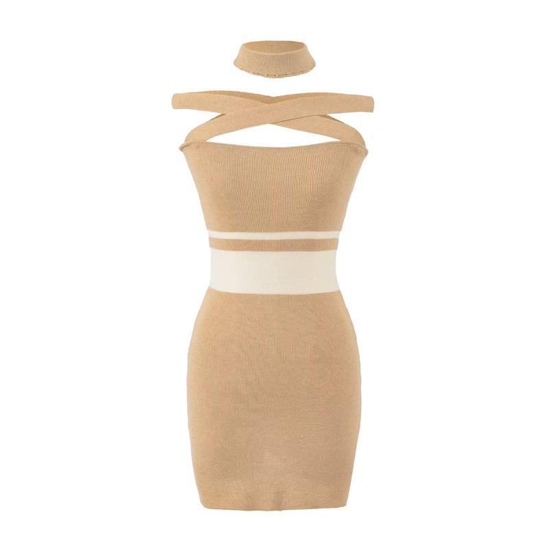 Striped One-Shoulder Knit Bandeau Dress - Women s Summer Elastic Short Skirt One Size хаки