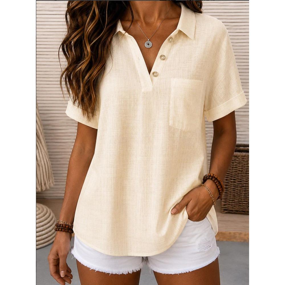 Women's Point Collar Short Sleeve Blouse Regular Fit Minimalist Casual Shirt