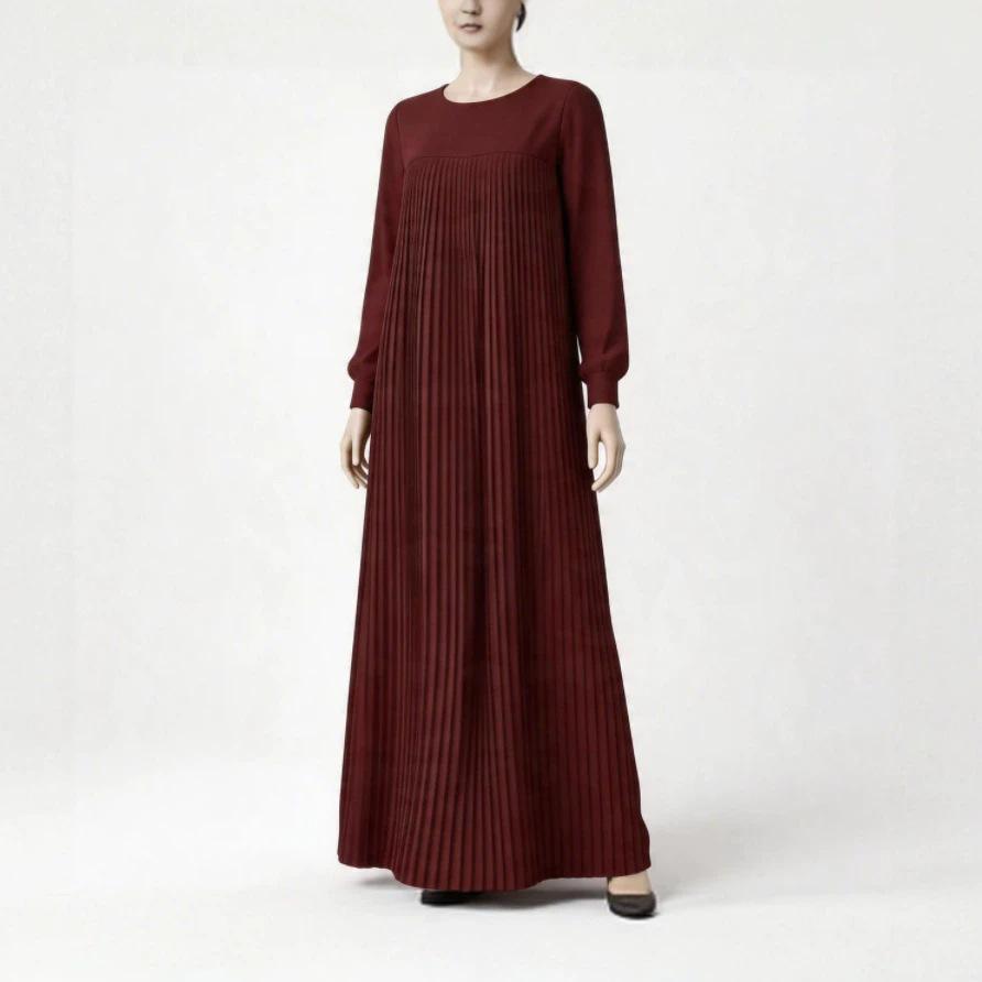 Women's Elegant Black Ice Silk Long Sleeve Pleated Dress