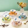 Luxury Gold Rim Bone China Tea Cup and Saucers, Elegant Floral Butterfly Coffee Mug Tableware Set, Bird on Branches Bone China Coffee Cup for Home