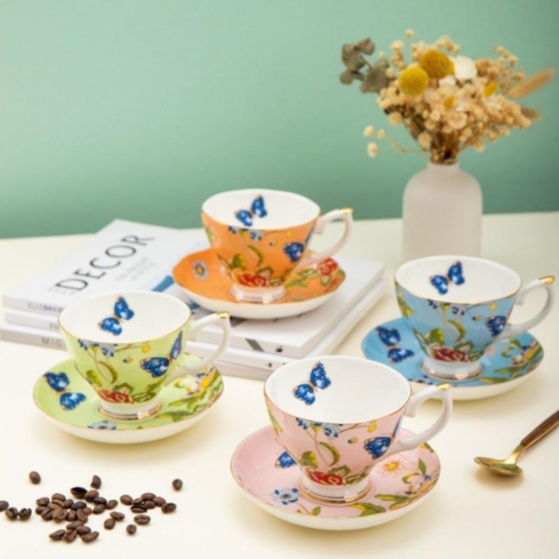 Luxury Gold Rim Bone China Tea Cup and Saucers, Elegant Floral Butterfly Coffee Mug Tableware Set, Bird on Branches Bone China Coffee Cup for Home