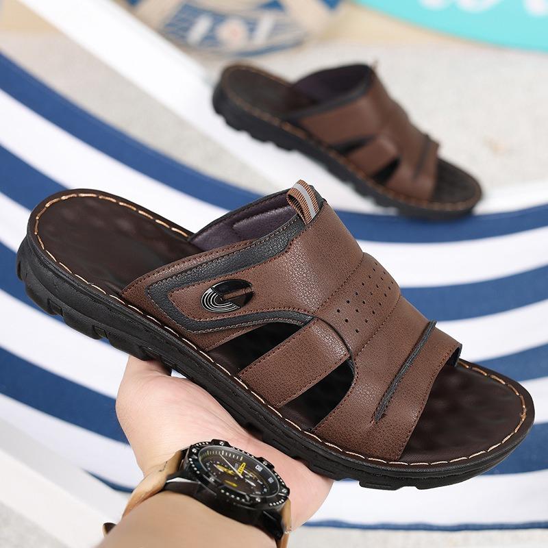 Large Size Men Slippers High Quality Cowhide Leather Slippers Summer Casual Beach Slippers Outdoor Non-slip Flat Sandals for Men