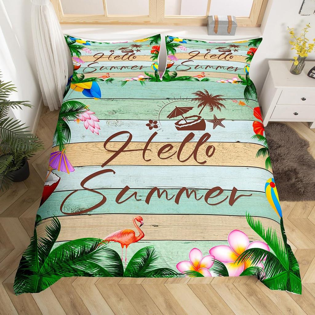 Hello Summer Comforter Cover Yellow Sunflower Bed Set,Farmhouse Duvet Cover Brown Stripe Old Wood Door Green Leaves Bedding Sets