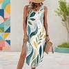 Women Plus Size Sleeveless U Neck Tropical Leaf Printed Dress High Side Slit Curved Hem