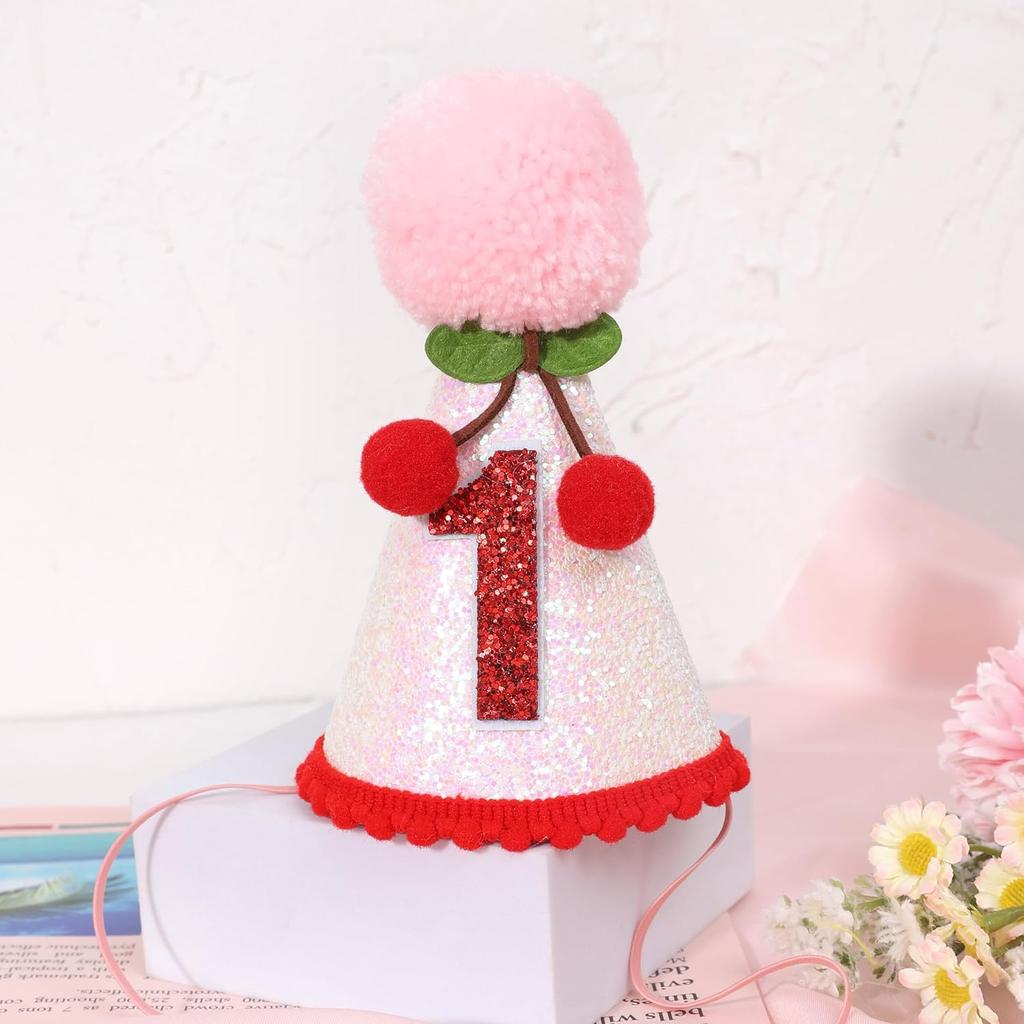 Cherry 1st Birthday Hat - Sweet One Birthday Party Decorations,Cherry Pink Glitter First Birthday Hat For Girls,Fruit Themed Cake Smash Party