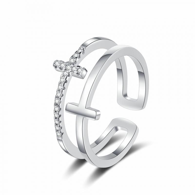 Trendy European & American Double-Layer Rhinestone Cross Women s Open Index Finger Ring Adjustable Open