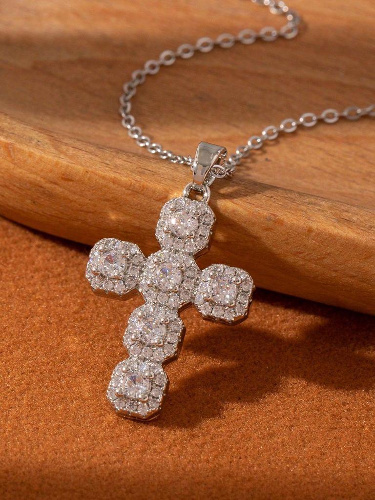 S925 Sterling Silver Diamond Cross Choker Necklace - Showerproof, American Hip Hop Style
