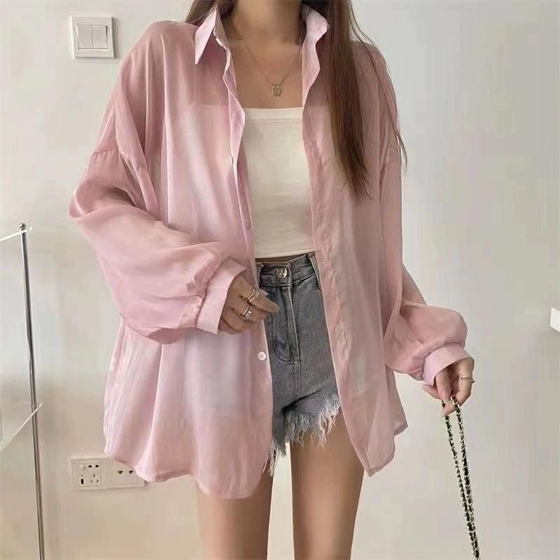 Perlglanz Helles Garn Damen Sommer Design Sinn Dünn, Leicht Transparent Langärmlig Schick Lässig Lockeres Hemd