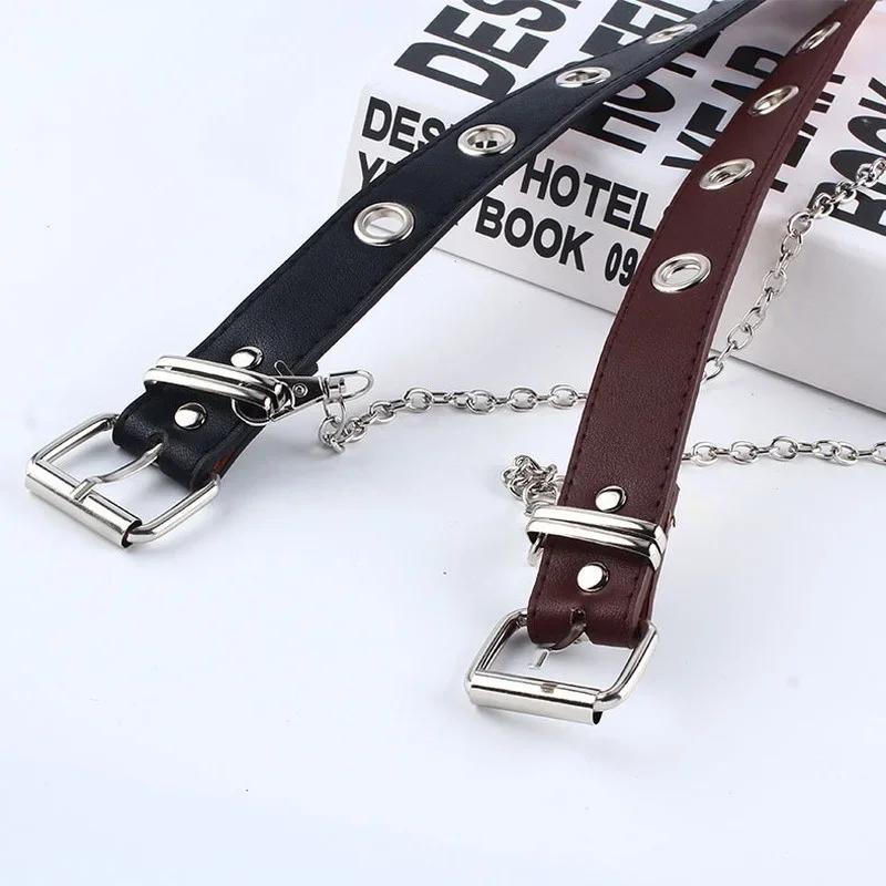 Women Punk Chain Fashion Belt Adjustable Double/Single Row Hole Eyelet Waistband with Eyelet Chain Decorative Belts