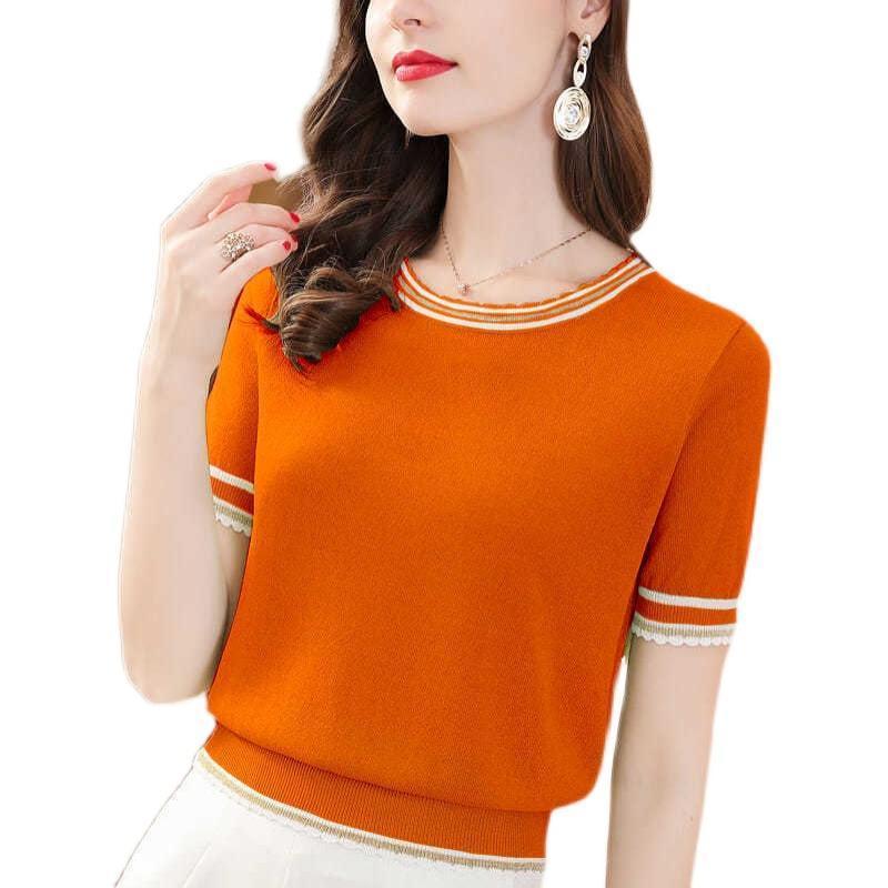 Summer Women's Ice Silk T-shirt Short Sleeve Loose and Versatile Round Neck Knitted Shirt Thin Top