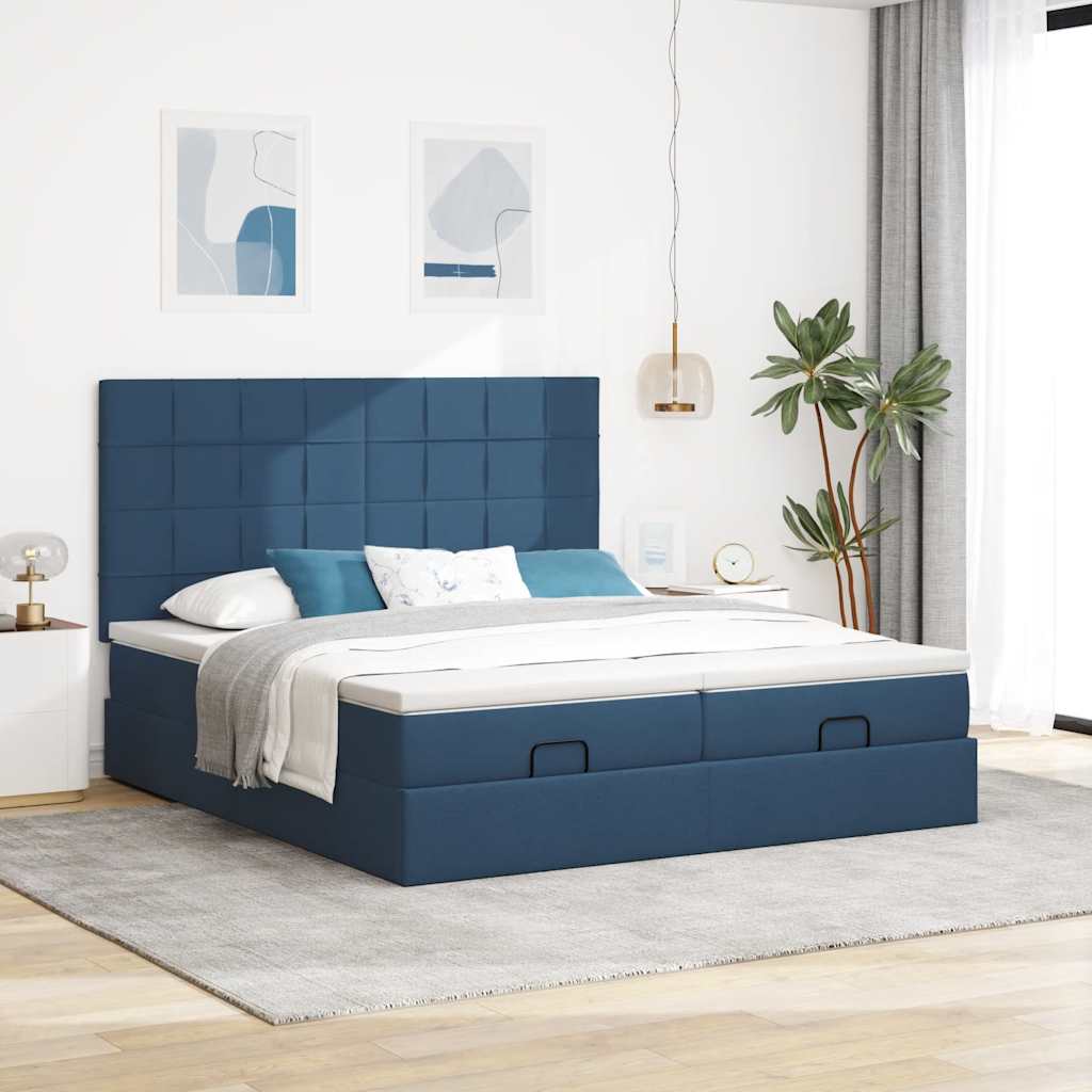Ottoman Bed with Mattresses Blue 180x200 Cm Fabric