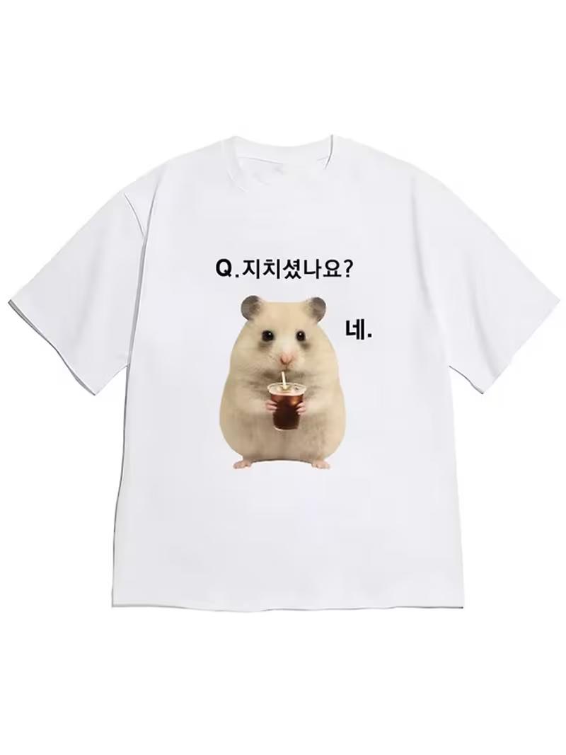 

Cute and Lively Style Colorful Text Bubbles Heart Star Decoration White ShortSleeved TShirt with Decorated Hamster Image S