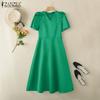 ZANZEA Women Casual V-Neck Short Sleeve Summer A-Line Dress