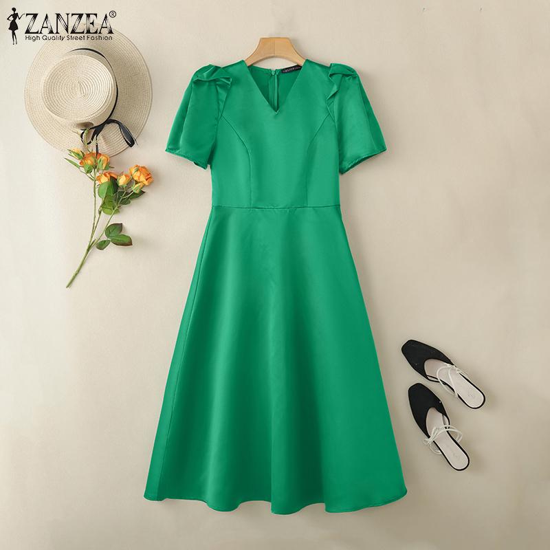 ZANZEA Women Casual V-Neck Short Sleeve Summer A-Line Dress