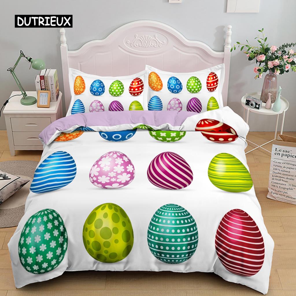 Easter Egg Duvet Cover Set Cartoon Cute Egg Bedding Set Happy Easter Theme Comforter Cover for Kids Teens Microfiber Bedclothes