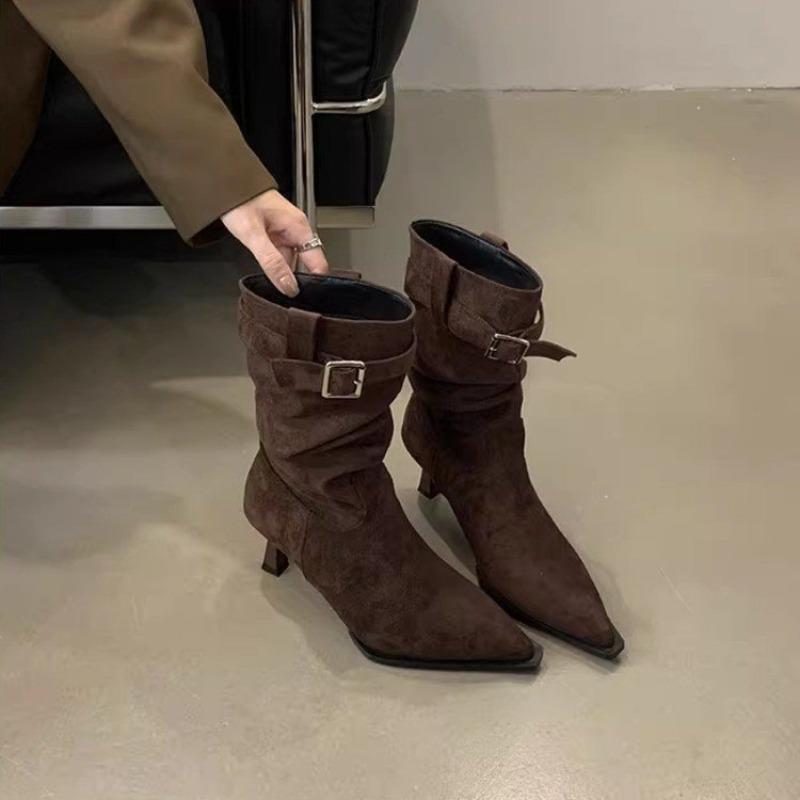 Retro Suede Pleated Pile Up Boots for Women, New Belt Buckle Short Boots, Slim Heel Pointed High Heels Ankle Boots