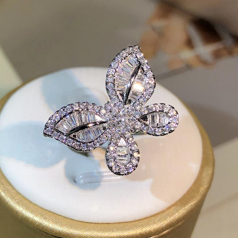 Sterling Silver Exquisite Big Butterfly White Zircon Ring Full Of Diamonds For Ladies Jewelry Party Wedding Birthday Gift