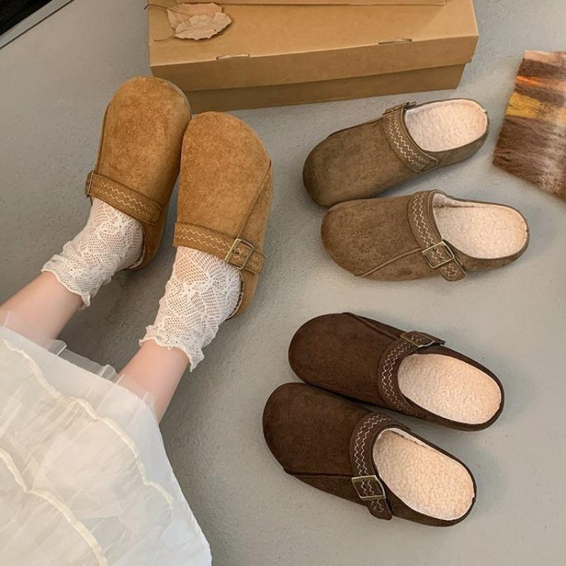 Mao Mao Baotou cotton slippers women wear in autumn and winter, new thick-soled velvet retro one-pedal and half slippers