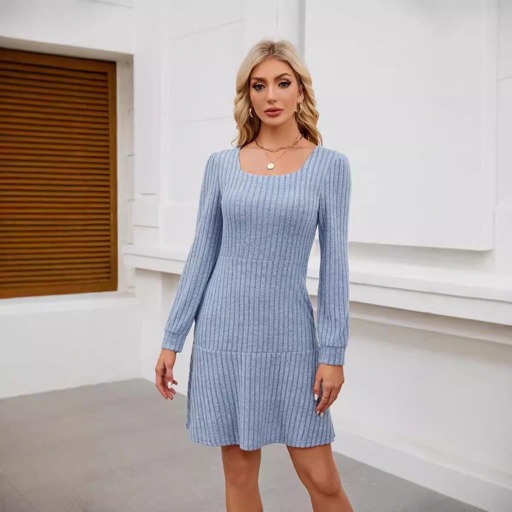 2026 Trendy Women's Square Neck Lantern Sleeve Babydoll Dress with Pockets