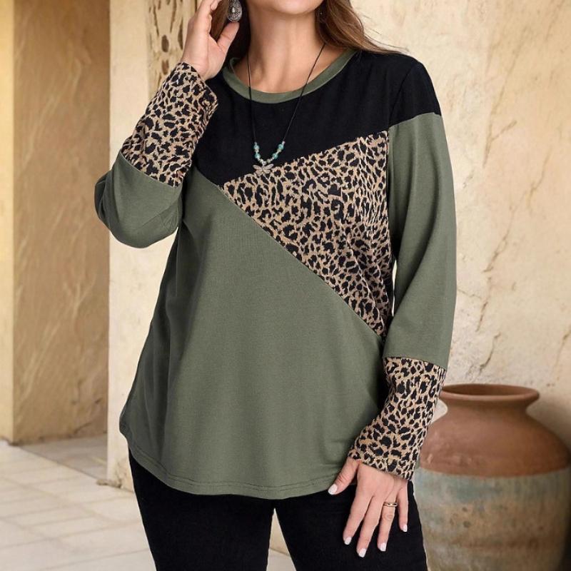 2026 Spring and Autumn New Fashion Trend for Women: Leopard Print Patchwork Round Neck Casual Long Sleeve