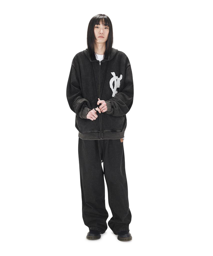 Openyard(Oy) Dyed Logo Patch Hoodie Zip Up - Black