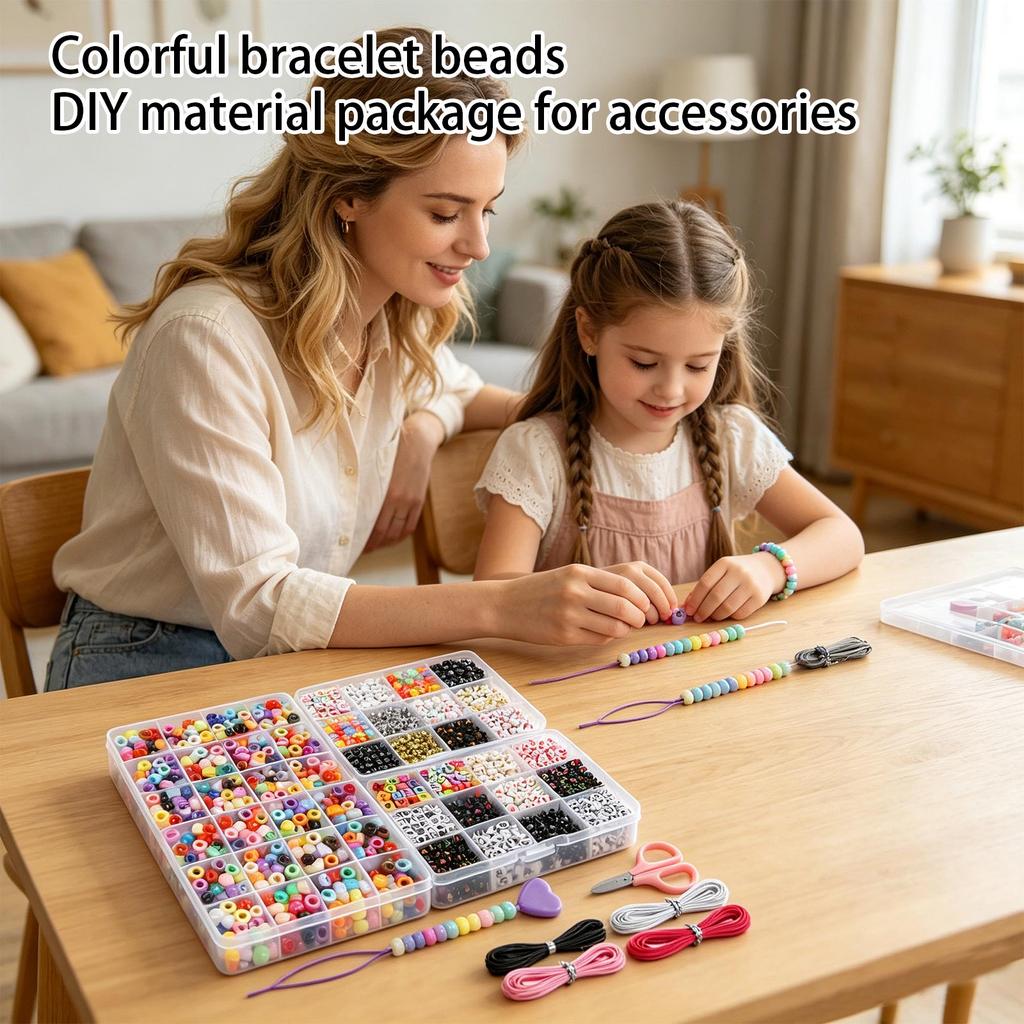 DIY Bead Kit with 24 Compartments of Mixed Beads 2 Trays of Alphabet Beads 4 Spools of Cord 1 Pair of Scissors 1 Needle for Handmade Jewelry Making
