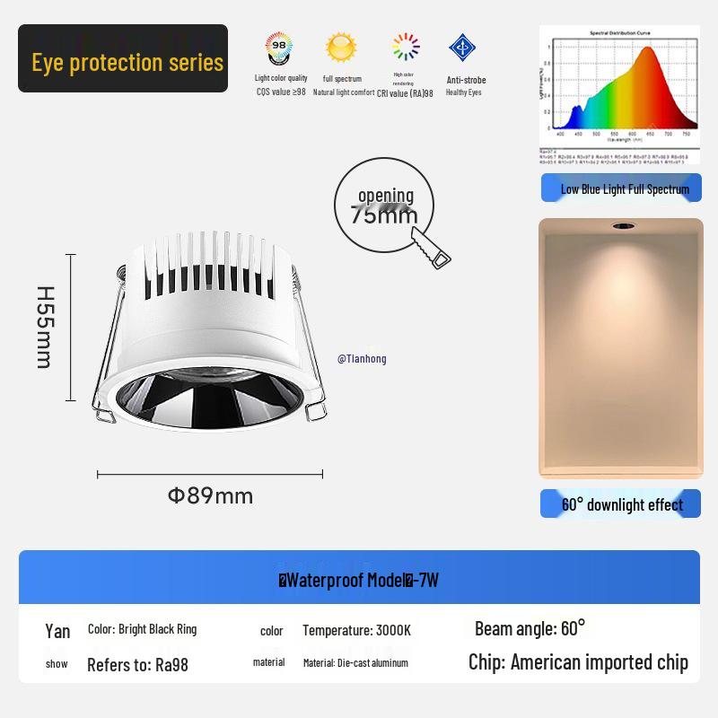 Wasserdichter blendfreier beschlagfreier Einbaustrahler mit schmalem Rand für Küche und Badezimmer