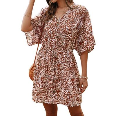 ZXZY Women Printed Buttons Tie Waist Short Sleeves Dress