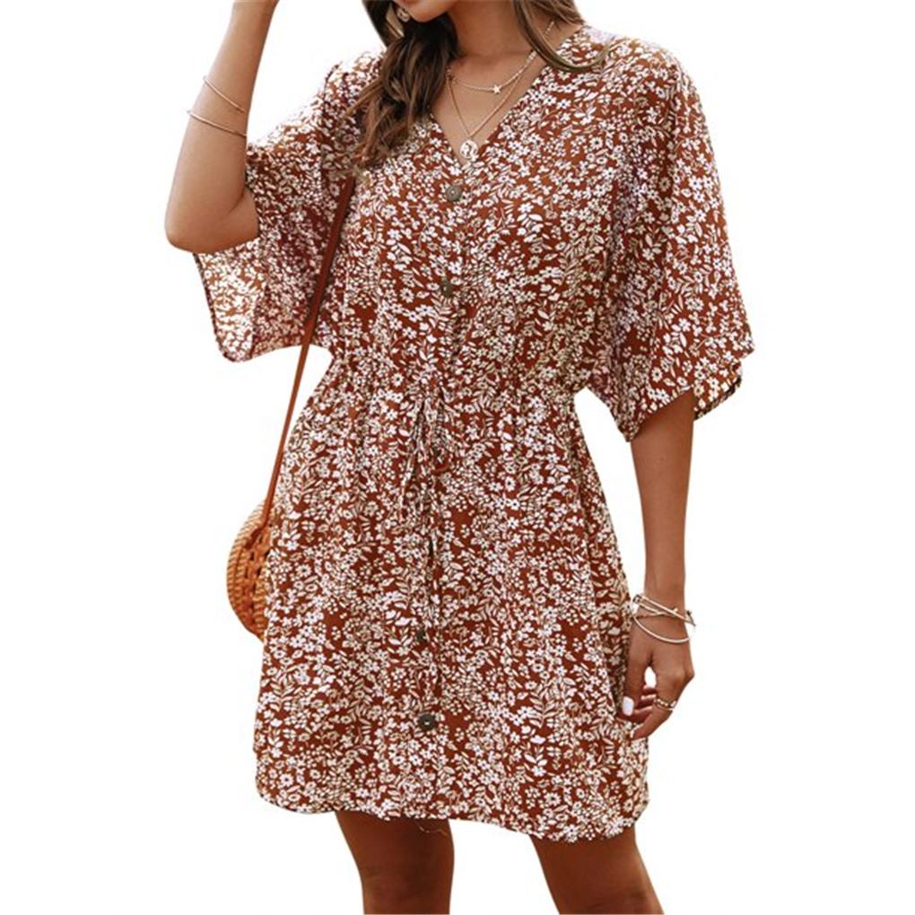 ZXZY Vestido de Mujer Estampado con Botones y Lazo en la Cintura de Manga Corta