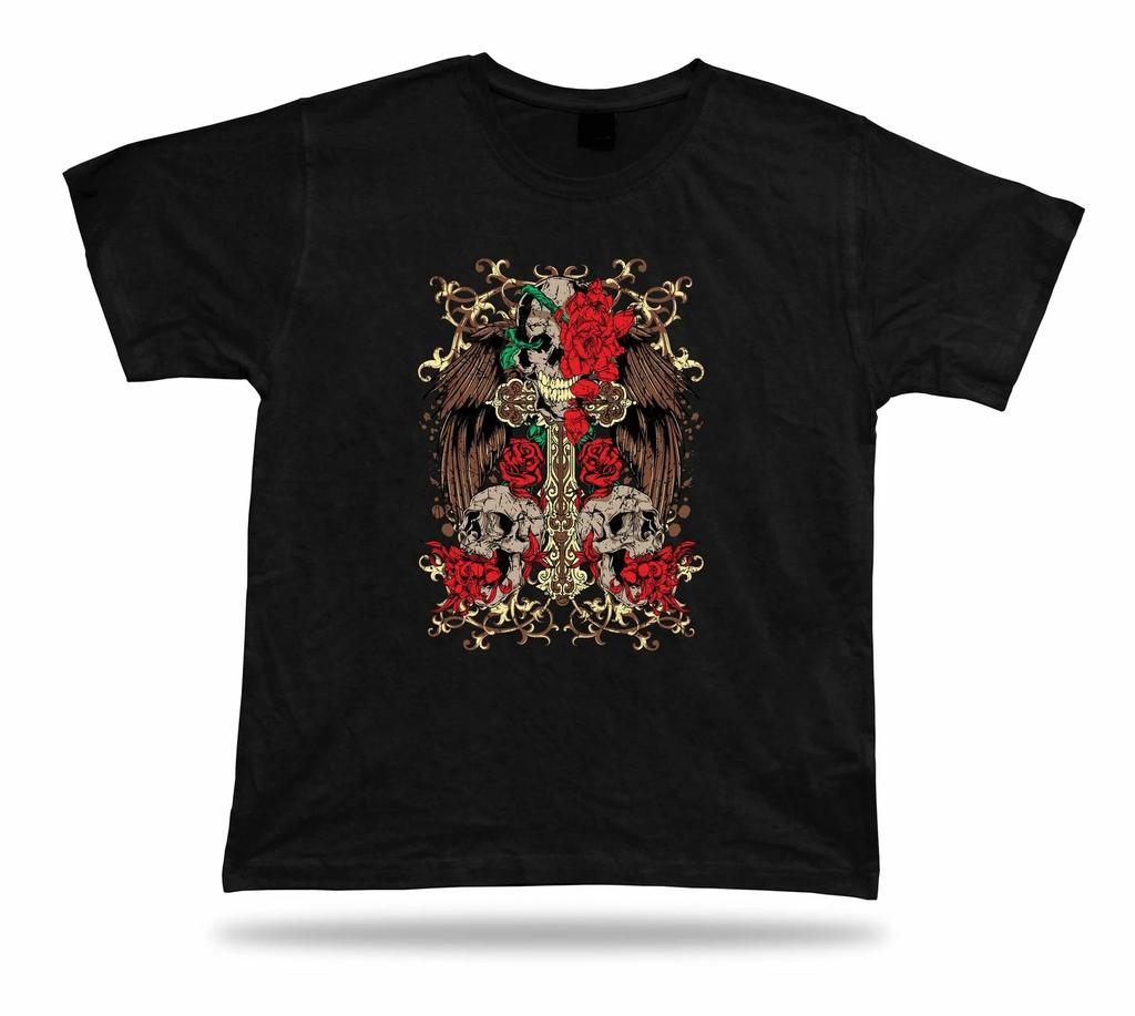 Tshirt Tee Shirt Birthday Gift Idea Peace Skull Cross Gothic Rose Emblam Horror