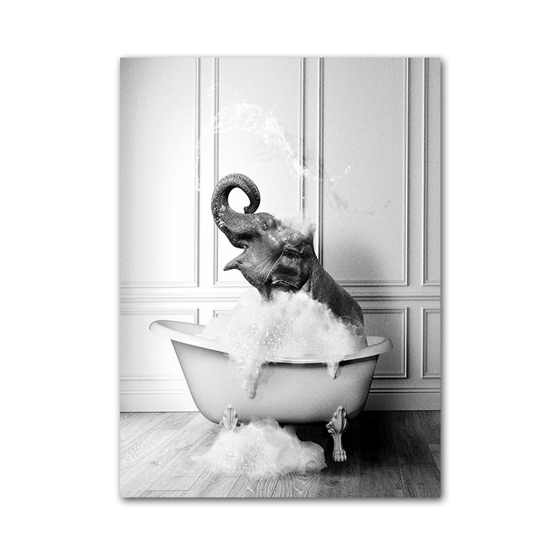 Lustiges Tier-Poster und Drucke, Badezimmer-Kunst, Leinwandgemälde, Giraffe, Baby-Elefant, Bad, Wandkunst, Bilder für Kinderzimmer-Dekoration